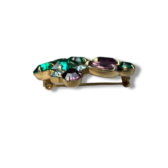 Vintage Gold Tone Brooch With Prong Set Crystals In Purple Blue & Green 1.75" x - Picture 9 of 12